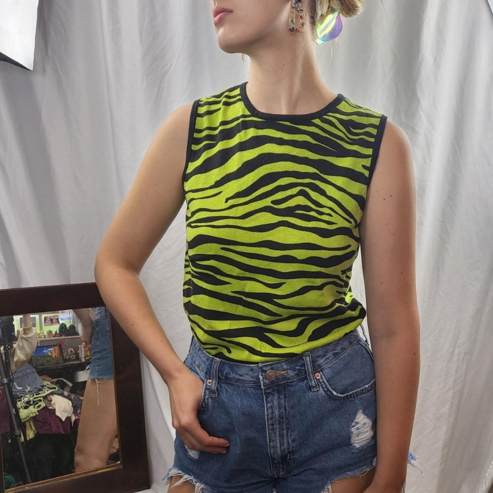 vintage 1990s/1980s neon green zebra-striped designer silk sweater tank